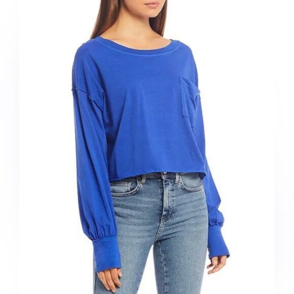 Free People Austin Forever Blue Long Sleeve Cropped Tee Size Medium - Picture 1 of 12